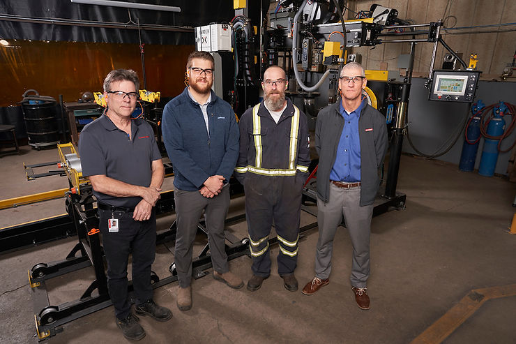 At the Cleaver-Brooks site in Stratford, Ontario: (from left) Plant Engineer Dan Strangway, Corporate Welding Specialist Joel McLeod and Welder Shane Elder of Cleaver-Brooks meet with Dean Herron, Regional Sales Engineer at Beckhoff Canada.